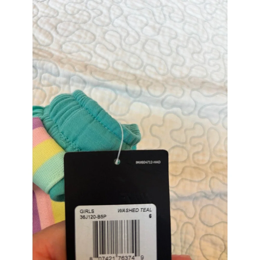 Nike Girls Washed Teal Rainbow Side Rainbow Stripe‎ Shorts Size 6